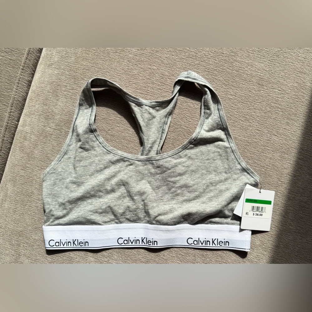Calvin Klein Sports Bra Grey Logo Band Racerback Size L NWT